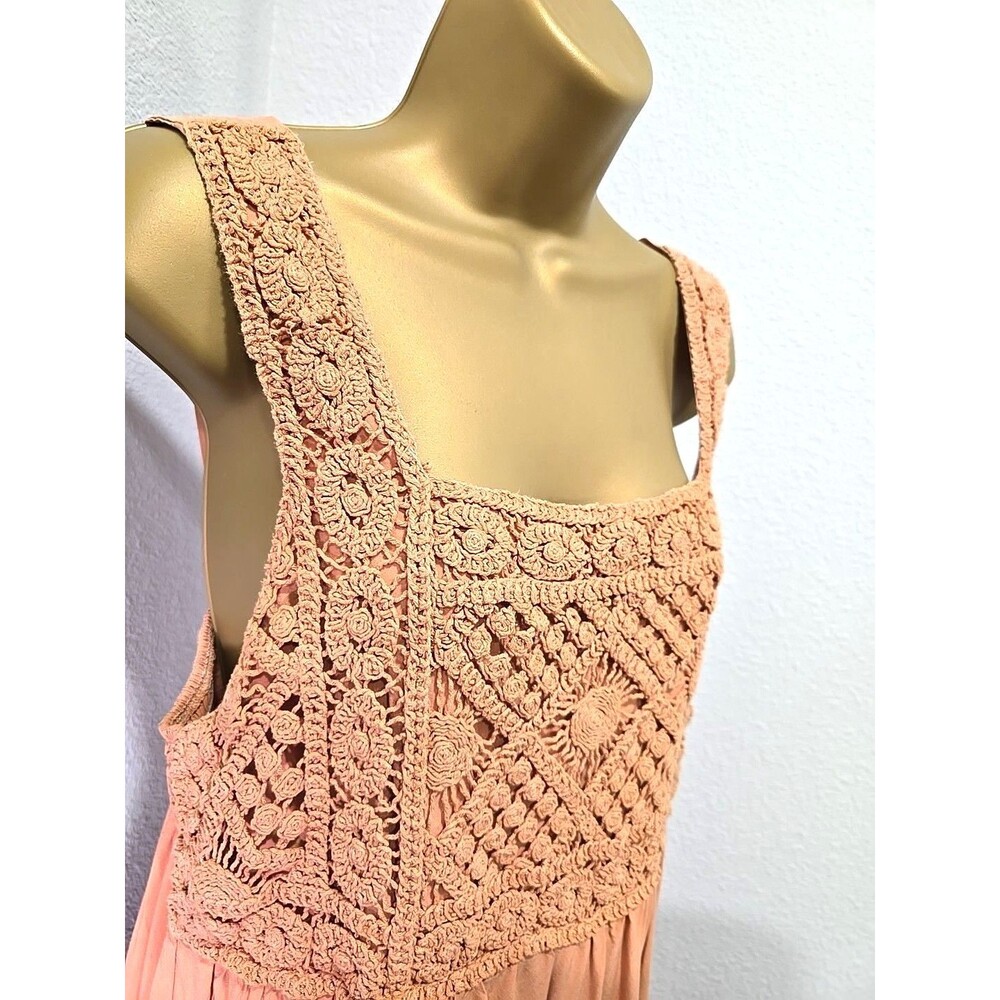 Heyson Tiered Midi Dress Large Crochet Coral Ruched Peasant Indie Cottage Boho